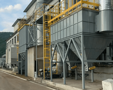 Industrial baghouse dust collector line with access platform